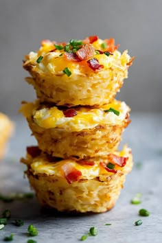 stack of mini fritters topped with bacon and cheese