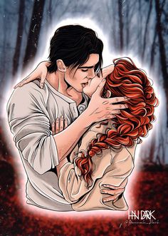 a man and woman embracing each other in the woods with red hair on their heads