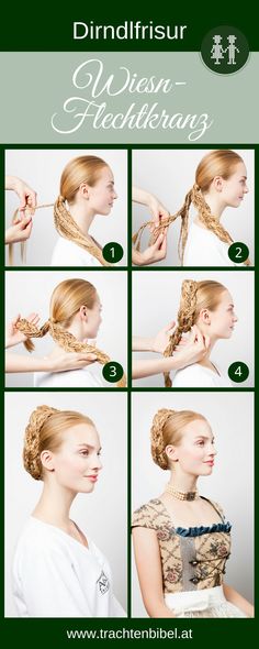 Trendige Dirndlfrisur: Wiesn-Flechtkranz - Trachtenbibel German Hairstyle, Dirndl Hairstyles, Penteado Cabelo Curto, Braids For Long Hair, Vintage Hairstyles, Hair Designs