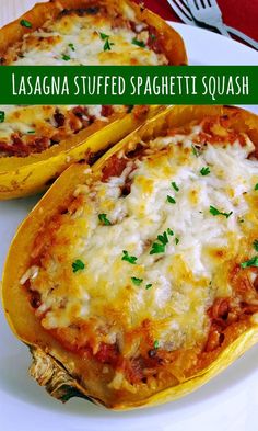 two stuffed spaghetti squash halves on a white plate with text overlay that reads lasagna stuffed spaghetti squash