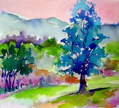 watercolor painting of trees and mountains in the background