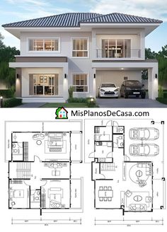 two story house plan with garage and living room in the front, an open floor plan for