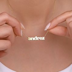 14K Gold Personalised Name Necklace, Name Necklace, Solid Gold Personalised Name Necklace, Custom Name Necklace, Gold Name Necklace We can write anything , pendant can be personalized with.. ANDREA      HEIGHT : 0.295    WIDTH : 1.207 * Your children or your soul mate name..  * Coordinates of your meaningful places * Special dates , short phrases * Inspirational text..  * Initials of yourself and loves ones * Roman numerals.... the ideas are endless! * We can stamp letters, numbers?, !, @, #, & symbols. Andrea Gold Necklace, Personalised Necklace Names, Custom Pendant Necklace For Personalized Gifts, Personalized Name Pendant Necklace As Gift, Personalized Name Pendant Necklace, Custom Name Pendant Necklace As Personalized Gift, Personalized Pendant Necklace With Custom Name, Personalized Custom Name Pendant Necklace, Custom Name Necklace Pendant For Gift