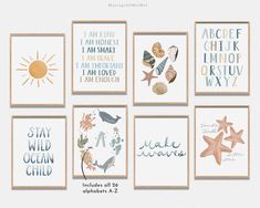 six framed art prints with the words stay wild ocean and starfish