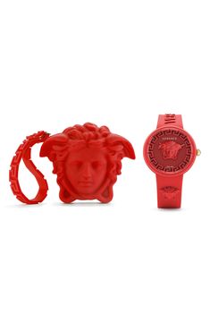 A 3D Medusa head centers the dial of an opulent watch enriched with a smooth leather strap. 38.5mm case; 18mm band width Buckle closure Swiss quartz movement Silicone Swiss made Timeless Red Watches With Rectangular Dial, Timeless Red Watch With Rectangular Dial, Modern Red Watch With Rectangular Dial, Modern Red Rectangular Watch, Luxury Red Analog Display Watch, Luxury Red Watch With Rectangular Dial, Luxury Red Quartz Watches, Luxury Red Watch Accessories With Analog Display, Red Watch With Rectangular Dial For Gift