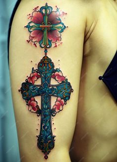 a cross tattoo on the back of a woman's upper half - sleeved body