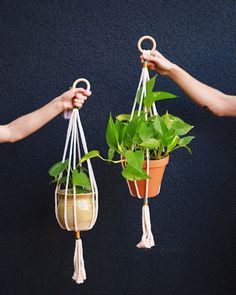 two hands holding plant hangers with plants in them