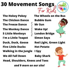 Movement songs for kids Active Songs For Preschoolers, Movement Songs For Kindergarten, Songs For One Year Olds, Movement Crafts For Preschool, Movement Theme Preschool, Silly Songs For Preschoolers, Motion Songs For Preschoolers, Prek Movement Songs