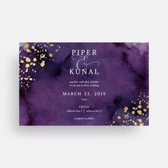 a purple and gold wedding card with the word, bride groom on it's front