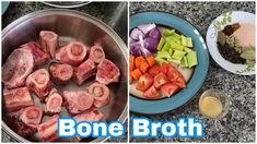 there are two pictures with different types of food in the same photo, one is bone broth