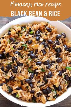 mexican rice recipe with black beans and rice in a white bowl on a wooden table