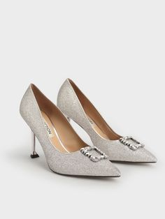 Wedding Collection: Silver Glitter Gem-Embellished Pumps - CHARLES & KEITH US Glitter Pointed Toe Wedding Shoes For Prom, Glamorous Almond Toe Court Shoes For Parties, Glamorous Sequined Heels For Formal Occasions, Glamorous Rhinestone Wedding Shoes For Evening, Glamorous Rhinestone Wedding Shoes, Glamorous Evening Wedding Shoes With Rhinestones, Glamorous High Heel Court Shoes For Parties, Sequined Pointed Toe Wedding Shoes, Elegant Sequined Heels For Wedding