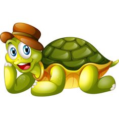 a smiling turtle with a hat on his head and eyes wide open, laying down