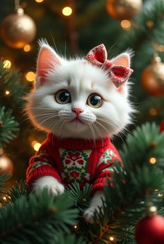 a white cat wearing a red sweater sitting on top of a christmas tree