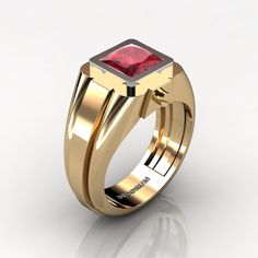 Bold and beautiful, this men's modern 14K yellow gold ring by Decorum Jewelry is set with 2.0 Ct princess lab created ruby, evokes character and statement of true style. All sizes are available. Ring weight is approx. 8 grams and ring is stamped 14K gold grade. It takes 10 to 12 business days to make and ship Free insured USPS delivery within United States Free insured USPS express delivery world wide Men's Modern 14K Yellow Gold 2.0 Ct Princess Ruby Ring G1101P-14KYGR Should you have questions Modern Ruby Ring For Formal Occasions, Modern Gold Ruby Ring For Anniversary, Modern Ruby Wedding Ring, Modern Gold Ruby Ring With Polished Finish, Modern Red Ruby Ring, Ruby Ring Band, Man Wedding Ring, Ruby Band Ring, Mens Rings For Sale