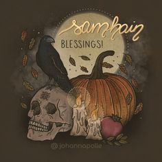 a black bird sitting on top of a pumpkin next to a skull