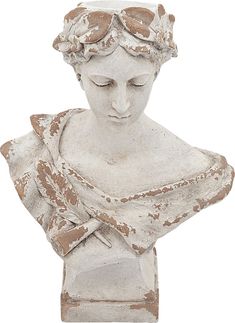 a statue of a woman with goggles on her head is shown in front of a white background