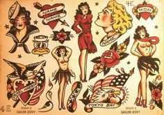 Hula Girl Tattoos, Vintage Sailor, Flash Sheet