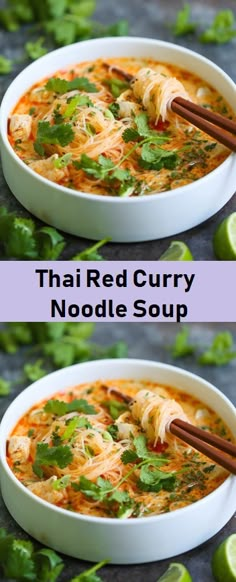 thai red curry noodle soup in two white bowls with chopsticks on the side