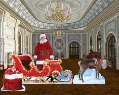 a santa clause standing next to a dog on a sleigh in a room