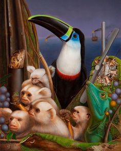 an oil painting of monkeys and a toucan in the jungle with other animals