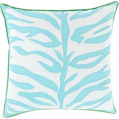 a blue and white pillow with green piping on the front, featuring an animal print