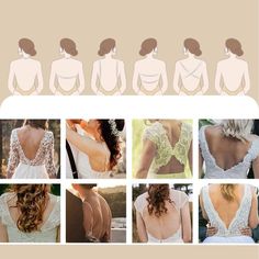 the back of a woman's wedding dress is shown in several different pictures and sizes