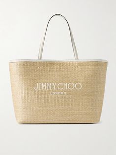 While called the 'small' edition, Jimmy Choo's 'Marli' tote is well-sized to hold a book, wallet and makeup pouch. It's woven from raffia with fresh white leather trims and logo-embroidery matching the summery mood. Book Wallet, Jimmy Choo Bag, Flat Dress Shoes, Embroidered Leather, Woven Raffia, Makeup Pouch, Bag Dress, Logo Embroidery, Beauty Accessories