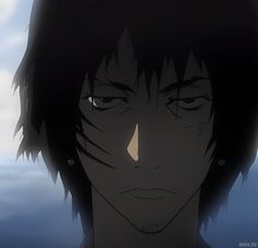 an anime character with black hair and eyes staring at the camera in front of clouds