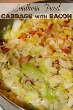 cabbage with bacon in a skillet on the stove top and text southern fried cabbage with bacon