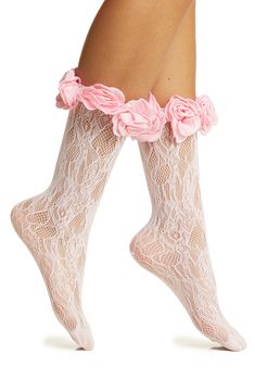 Pretty pink roses trim stretchy lace socks that are destined to make a statement. Acrylic/polyester/spandex Hand wash, dry flat Imported Pink Thigh High Socks For Spring, Fitted Lace Trim Socks For Summer, Summer Lace Trim Fitted Socks, Yoke Pattern, Liquid Satin, Style Guru, Lace Ring, Pink High Heels, Nylons Heels