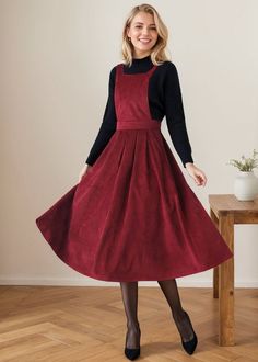 This is a burgundy pinafore dress, the color is perfect for going in fall and winter, it is made of corduroy fabric, which is softer and more skin-friendly, it is very comfortable to wear, and the sleeveless design is very easy to put on and take off, and you can wear it with black long sleeves inside like the model. ★★FEATURES corduroy dress Two side pockets Right hidden zipper closure adjustable strap Pinafore dress Pleated dress Perfect for spring,autumn and winter Dry clean ★★Mode size Heigh Red Pleated Dress For Winter, Red Pleated Dresses For Winter, Sleeveless Burgundy Dress For Fall, Burgundy Sleeveless Dress For Fall, Burgundy Sleeveless Fall Dress, Winter Burgundy Midi Dress Knee-length, Burgundy Midi Dress For Winter, Winter Burgundy Midi Knee-length Dress, Burgundy A-line Dress For Fall