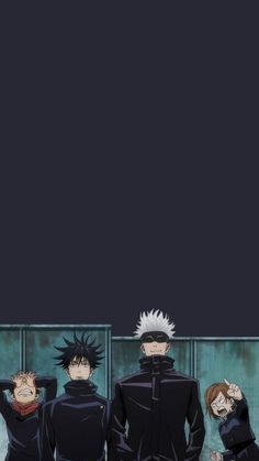 three anime characters are standing in front of a black wall and one is holding his head