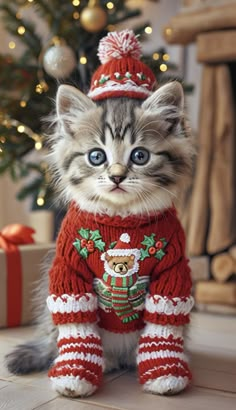 a kitten wearing a sweater and hat sitting on the floor next to a christmas tree