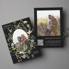 two black and white cards with flowers on them, one has an image of a man and woman