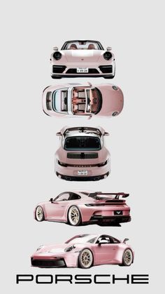 three porsches are shown in different colors and sizes, with the words porsche on them