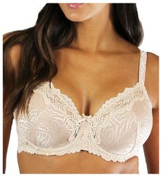 Luxuriously soft, sexy bra features a tonal striped cup with a patterned and lace back. Designed with excellent support features for full-busted and full-figure women. Multi-part, unpadded underwire cup is see-through striped lace with angled and vertical seams for shape and fine mesh lining for reduced show-through. Woven inner side support sling lifts and centers breast in cup for an ideal shape. Center - wide, arched center panel has bow accent with rhinestone at top. Sides and back are mesh- Elegant Cream Bra With Medium Bust Support, Beige Lace Underwire Bra, Beige Lace Push-up Bra, Beige Full Cup Bra With Delicate Lace, Lingerie Brands, Pretty Bras, Full Cup Bra, Pretty Lingerie, Demi Bra