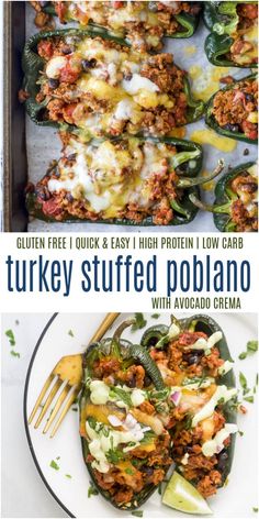 turkey stuffed poblano with avocado crema is an easy and healthy meal