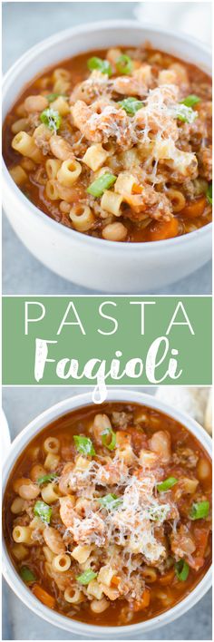 two bowls filled with pasta and meat soup, one has parmesan cheese on top