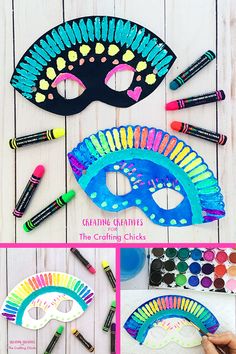 this is a collage of colorful masks and crayons for kids to make