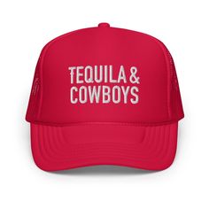 Tequila And Cowboys Red Embroidered Trucker Hat Elevate Your Style With High-Quality Hats, Shipped Fast! Red Trucker Hat With Letter Print And Curved Brim, Red Trucker Hat With Letter Print And Flat Brim, Red Letter Print Snapback Trucker Hat, Adjustable Red Hat With Letter Print, Red Trucker Hat With Letter Print, Red Snapback Hat With Letter Print, Red Adjustable Snapback Hat With Letter Print, Quality Hats, Elevate Your Style