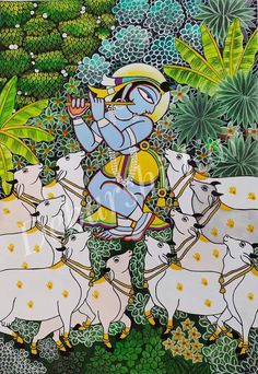 Nagavalli Painting, Kalighat Paintings Folk, Krishna With Cows, Kathakali Painting, Jamini Roy