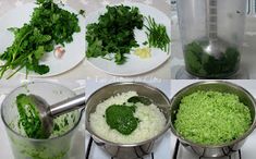 four pictures show the process of making pesto and how to use it in cooking