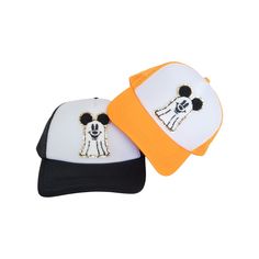 "👻 Be halloween ready with our Mickey Ghost Halloween Hat! This adorable halloween hat features a genuine mickey ghost chenille patch. This hat is a great Halloween gift or a great Halloween theme park hat. Each chenille patch is secured with professional-grade adhesive and a heat press to ensure a secure bond. The trucker hat is a high quality, mid profile, 5-panel hat with a built in sweat band.  The fit is perfect for men or women, yet it still fits women well & is not too big, bulky, and is White Novelty Halloween Costume Hats And Headpieces, White Novelty Halloween Costume Hat, White Novelty Hat For Halloween, White Halloween Cap, White Adjustable Halloween Costume Hats And Headpieces, Adjustable White Halloween Costume Hat, Mickey Ghost, Custom Makeup Bags, Halloween Hat