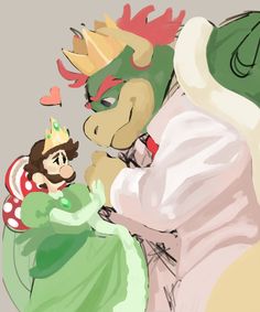 a drawing of a man and woman dressed up as princess aurora and the frog from mario kart