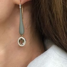 Grande Enamel Teardrop Dangle with Smokey Topaz - Charlotte Allison Fine Jewelry Smokey Topaz, Yellow Gold Earring, Smokey Quartz, Grey Stone, Diamond Halo, White Diamonds, Ear Wire, Halo Diamond, White Diamond