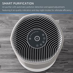 an air purifier sitting on top of a wooden floor with the words slimme