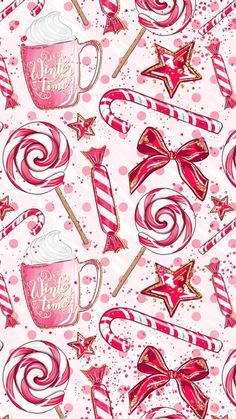 a pink background with candy canes and stars