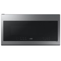 a stainless steel microwave oven with the door open and electronic controls on it's side