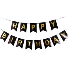 happy birthday banner with black and gold letters